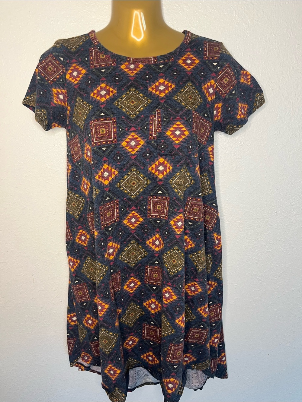 Patterned Short Sleeve Swing Dress in Navy with Rust & Olive